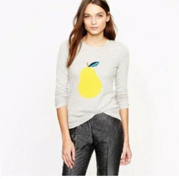 J Crew Pear Sweater Gray Yellow Fruit Intarsia Knitwear Jumper Pullover XS - Picture 1 of 7